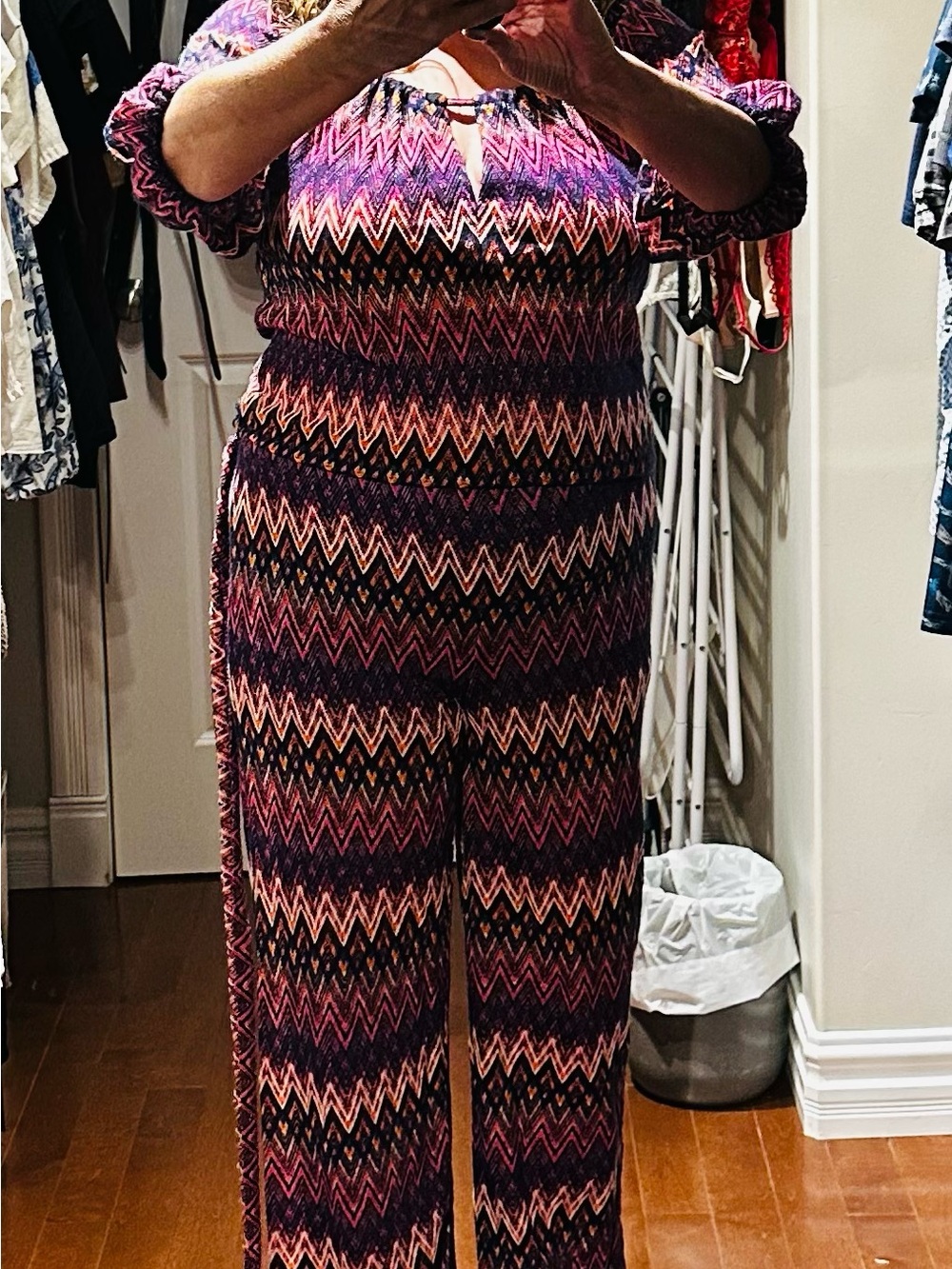 Sz M⭐️NWT Trina Turk Exploration Rachel Fuchsia Knit Jumpsuit  Zig Zag Print